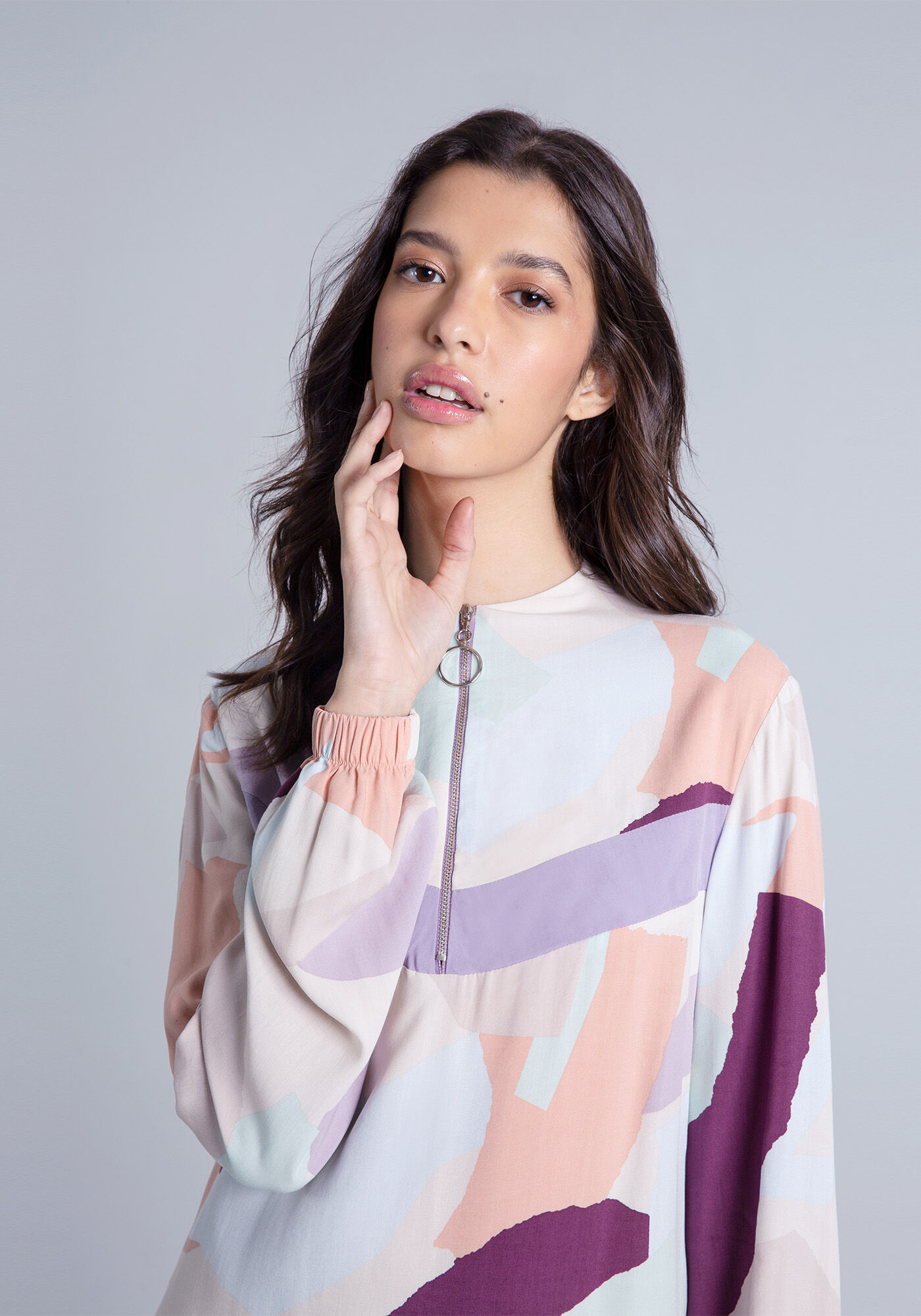 Vestido Gola Alta Z&iacute;per Estampa, , large.