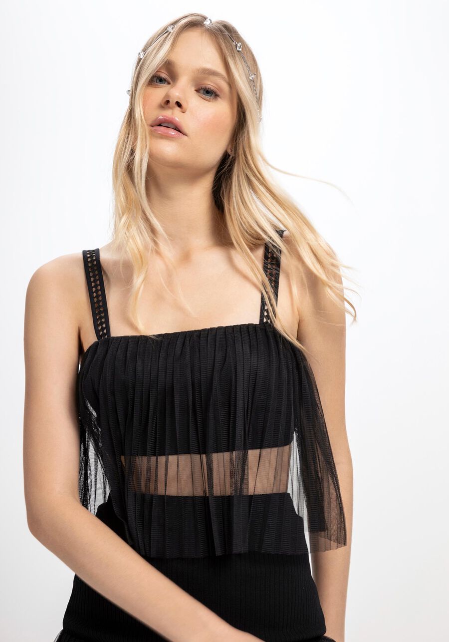 Blusa em Tule com Decote Reto, PRETO REATIVO, large.