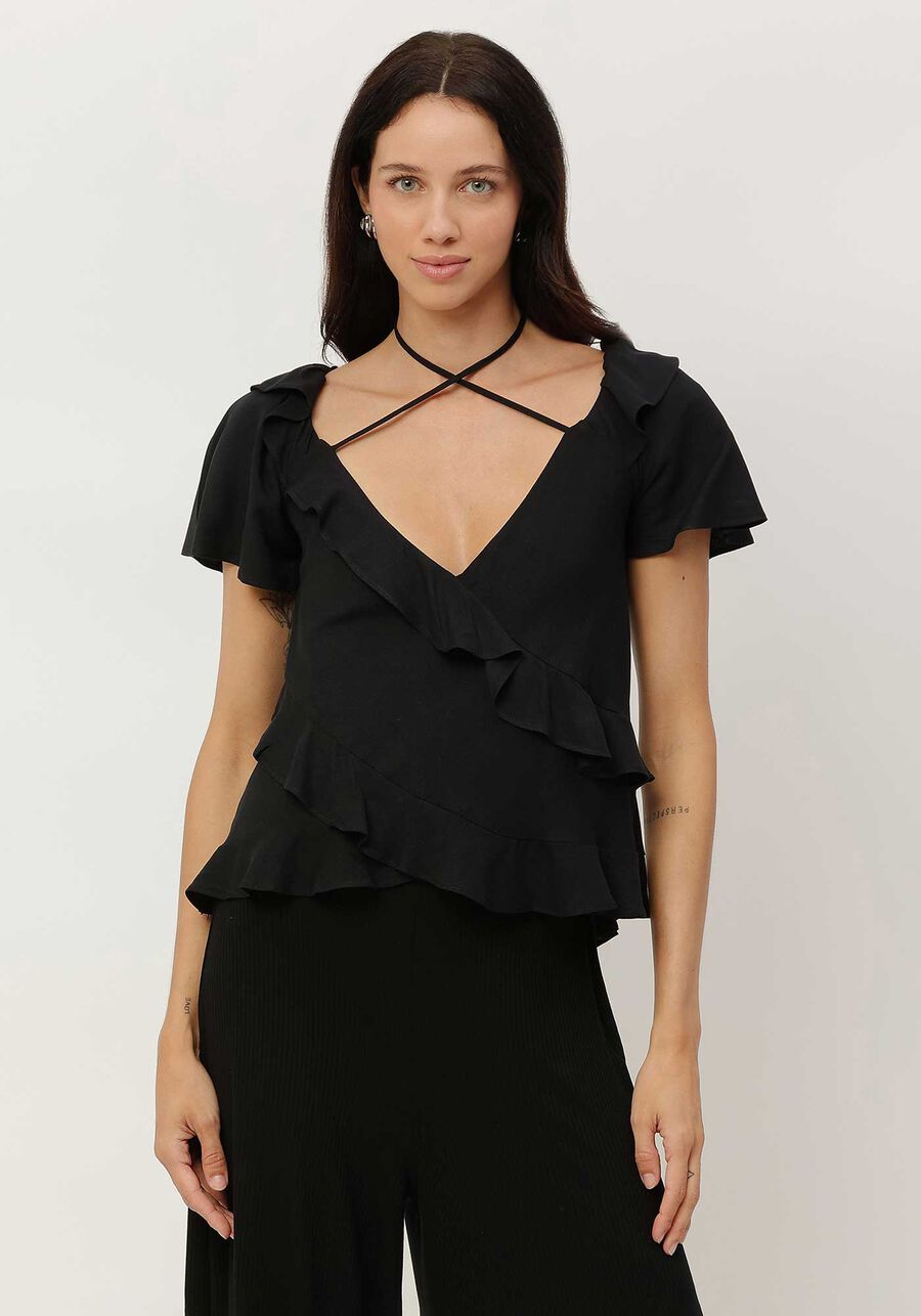 Blusa em Crepe com Babados e Amarração, . Blusa em Crepe com Babados e Amarração, , large.