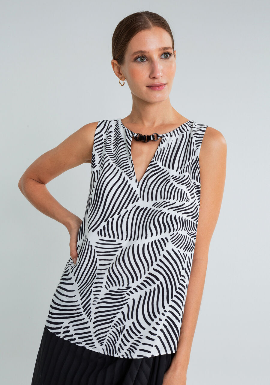 Blusa Detalhe Decote Estampada, REFLEXOS. Blusa Detalhe Decote Estampada, REFLEXOS, large.