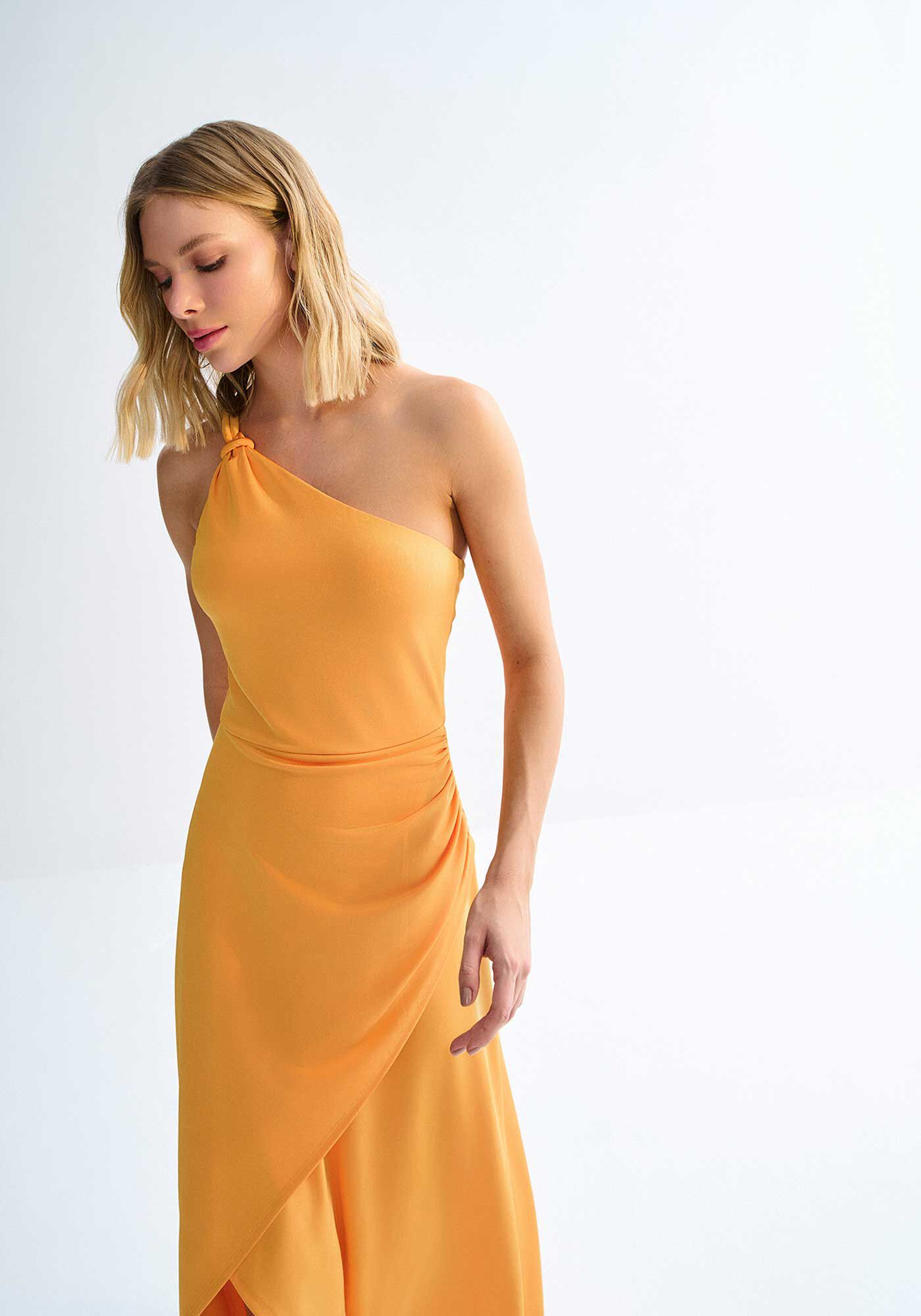 Vestido Midi Um Ombro S&oacute; em Malha com Fenda Transpassada, , large.