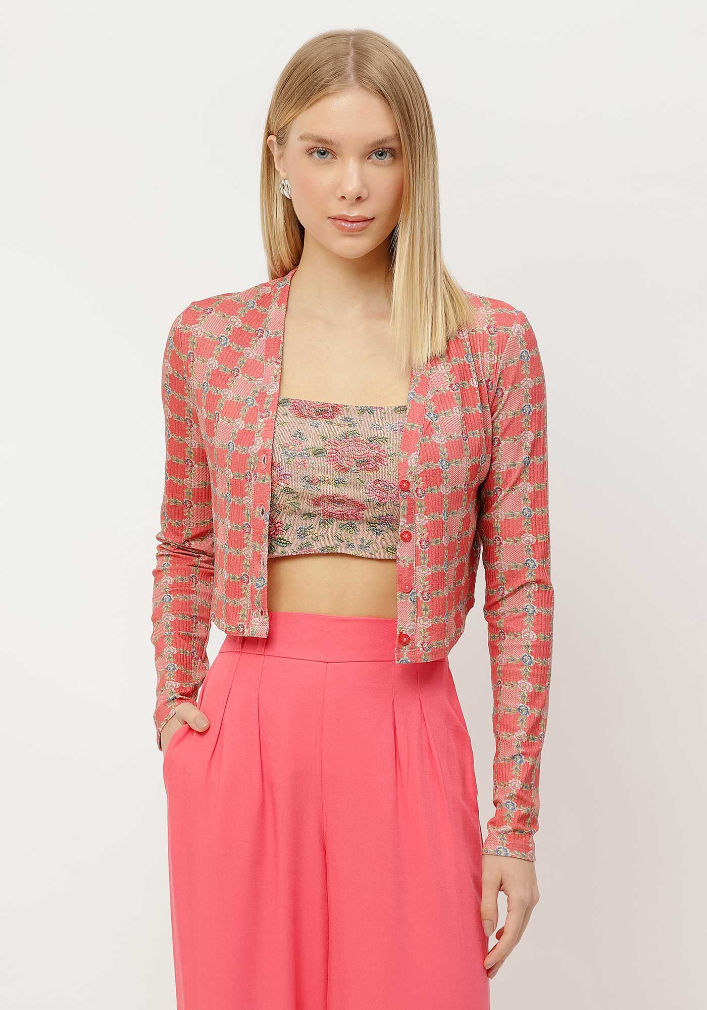Cardigan Cropped Estampado Canelado com Top, , large.