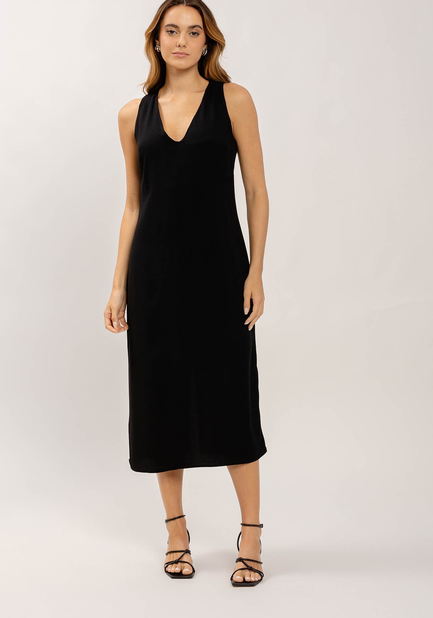 Vestido Midi Reto em Viscose com Decote V, , large.