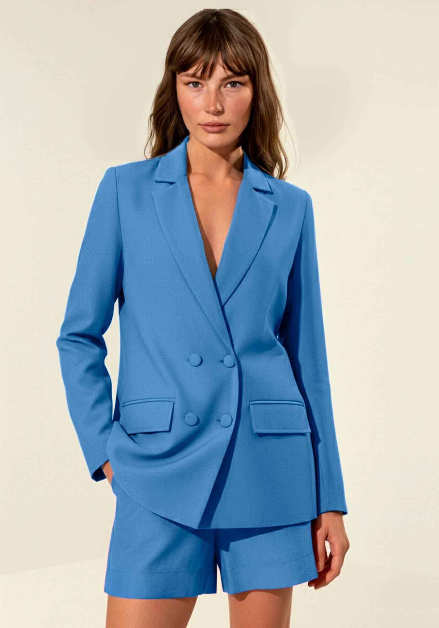 Blazer De Mangas Longas Com Lapelas E Bot&otilde;es Forrados, AZUL GOLFINHO, large.