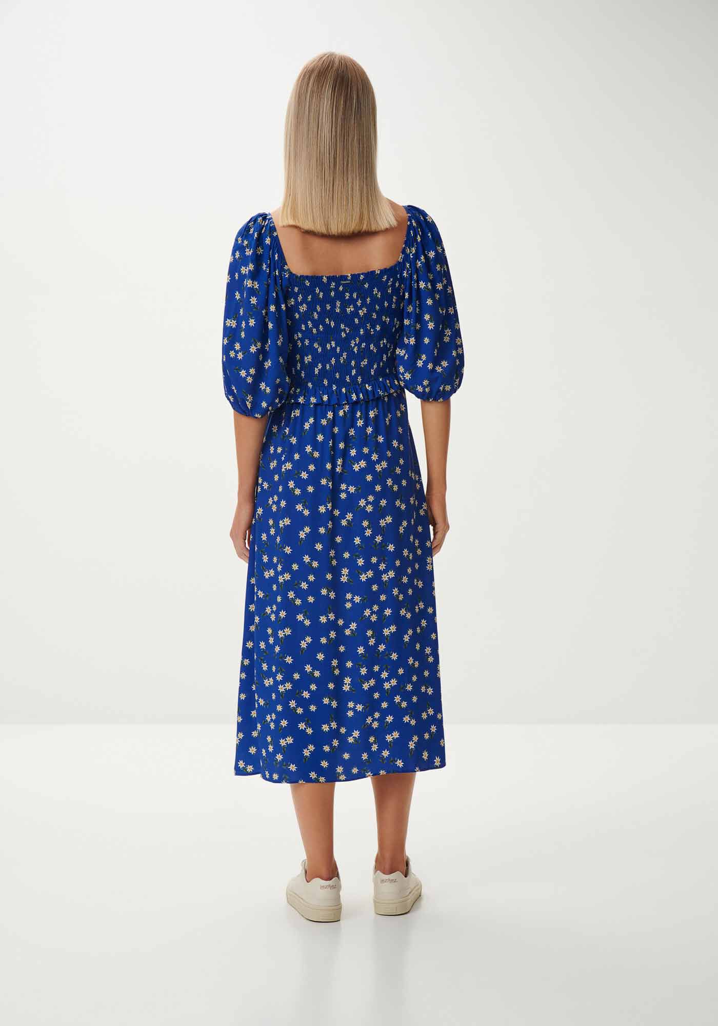 Vestido Midi Estampado com Manga Bufante e Fenda, , large.