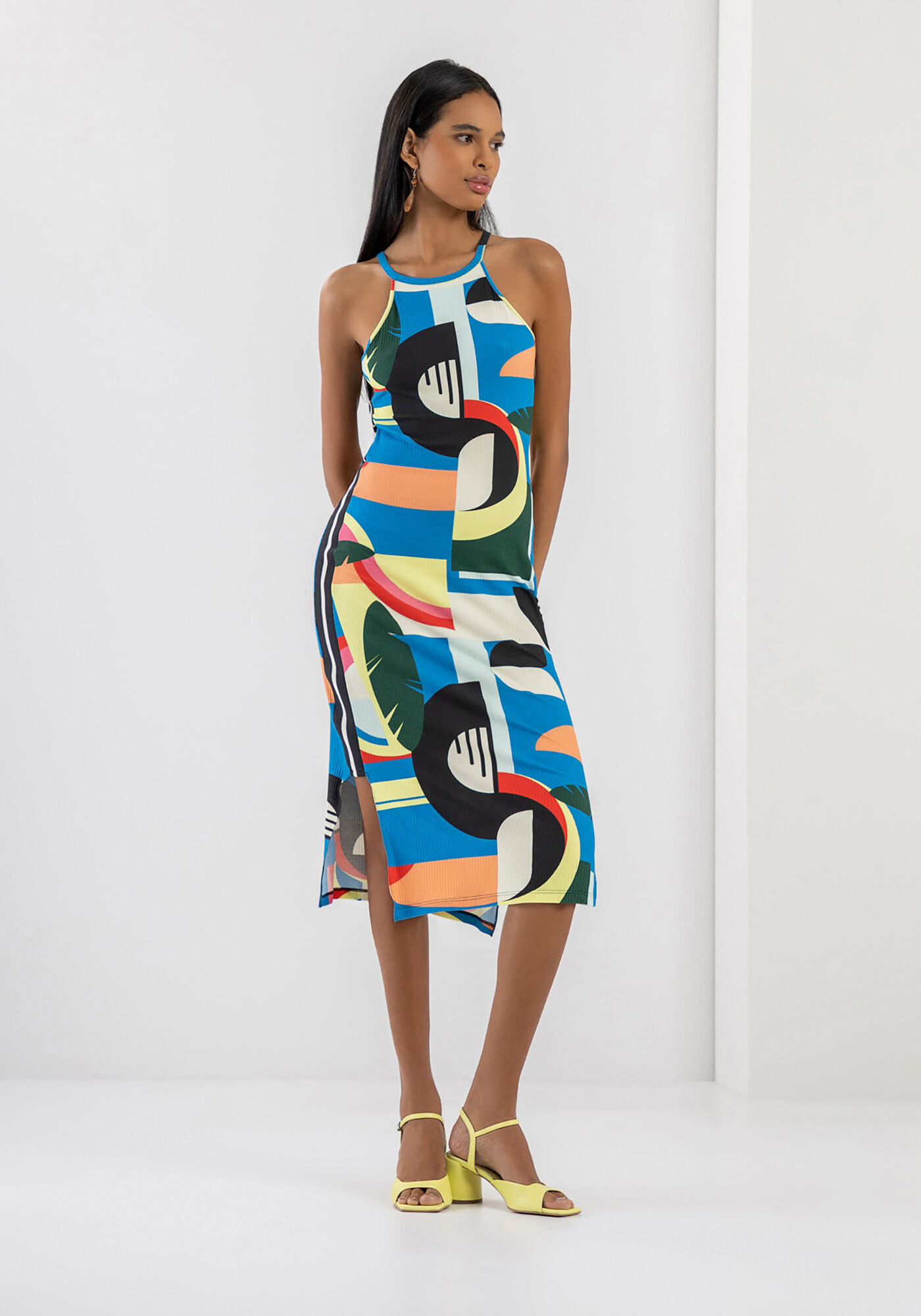 Vestido Midi Canelado Estampado com Recorte Lateral, , large.