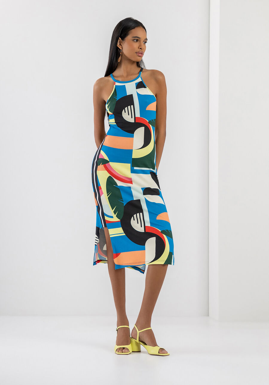 Vestido Midi Canelado Estampado com Recorte Lateral, . Vestido Midi Canelado Estampado com Recorte Lateral, , large.