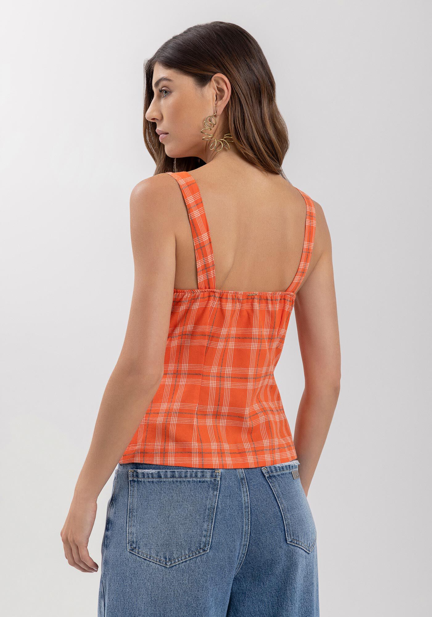 Blusa De Al&ccedil;as Xadrez Em Algod&atilde;o Com Bot&otilde;es Frontais, , large.