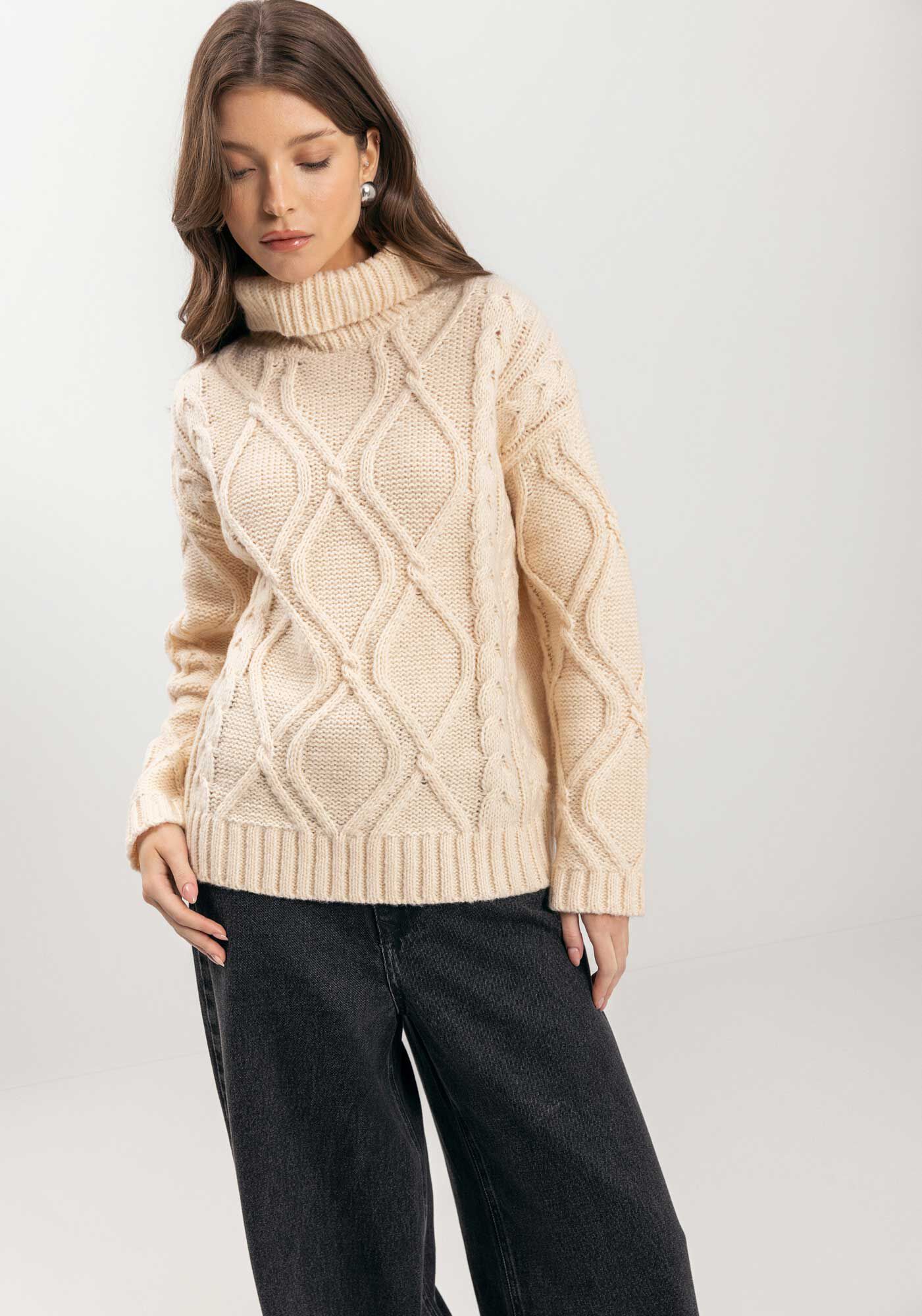 Blus&atilde;o De Manga Longa Em Tric&ocirc; Com Gola Alta, , large.