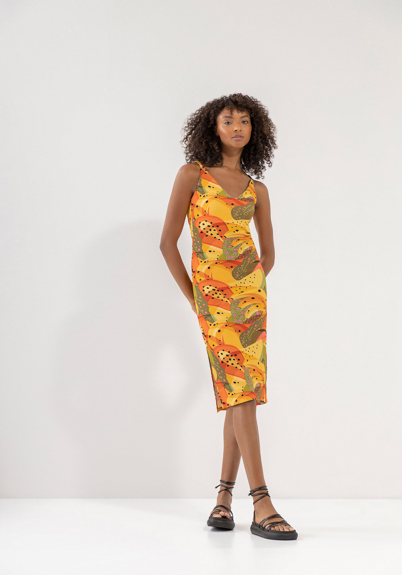 Vestido Midi Canelado Estampado com Fenda Lateral, , large.