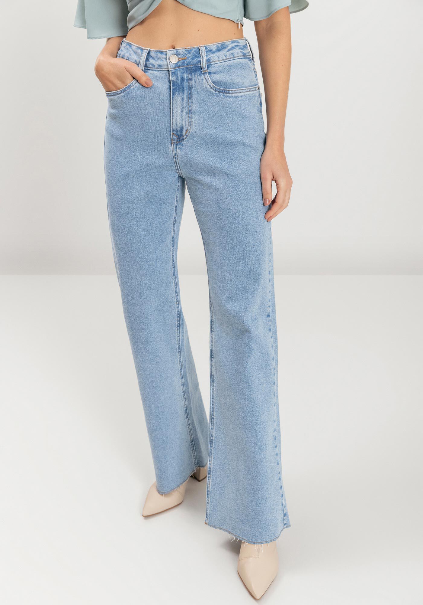 Cal&ccedil;a Jeans Wide Leg Comfort Com Cintura Alta E Elastano, , large.