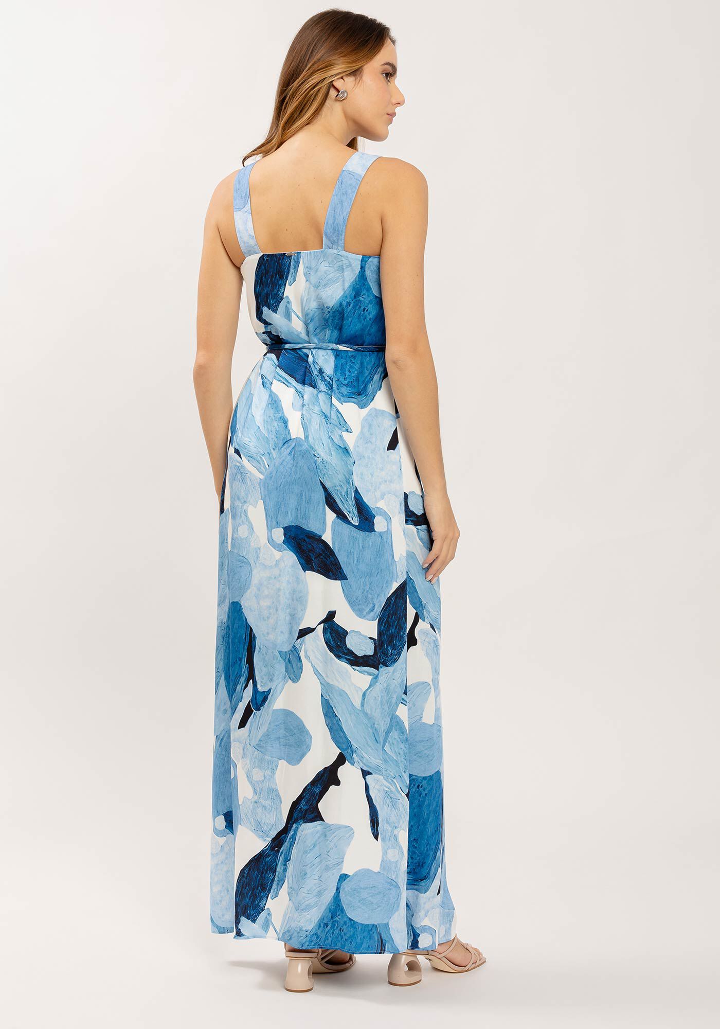 Vestido Longo Estampado com Cinto e Fenda, , large.