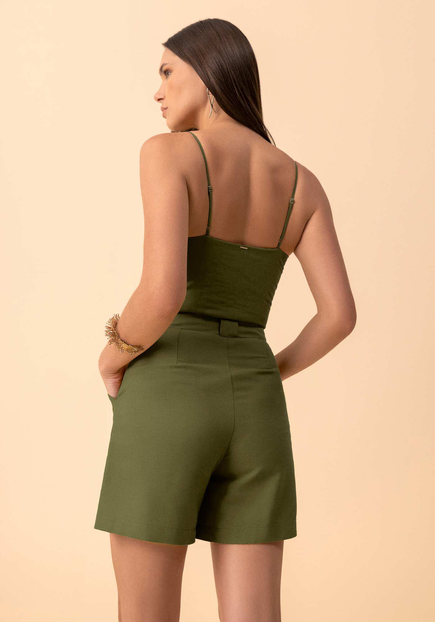 Shorts De Cintura Alta Com Passantes E Bolsos Sobrepostos, VERDE FLORENA, large.