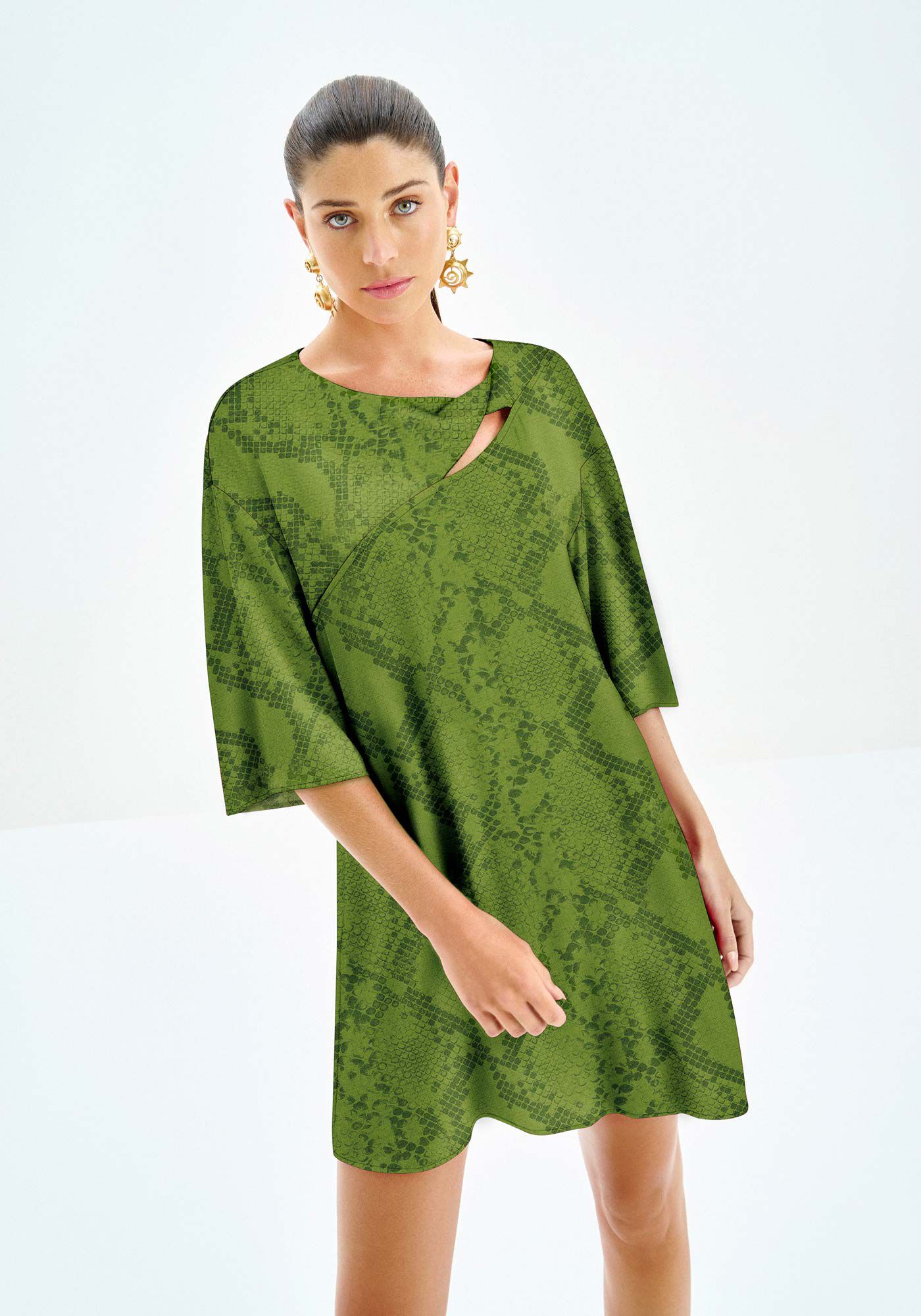 Vestido Curto Estampado em Viscose com Cut Decote, , large.
