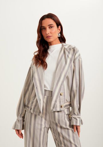 Jaqueta Listrada Em Algodão Com Lapelas E Abotoamento Duplo, CINZA METAL. Jaqueta Listrada Em Algodão Com Lapelas E Abotoamento Duplo, CINZA METAL, large.