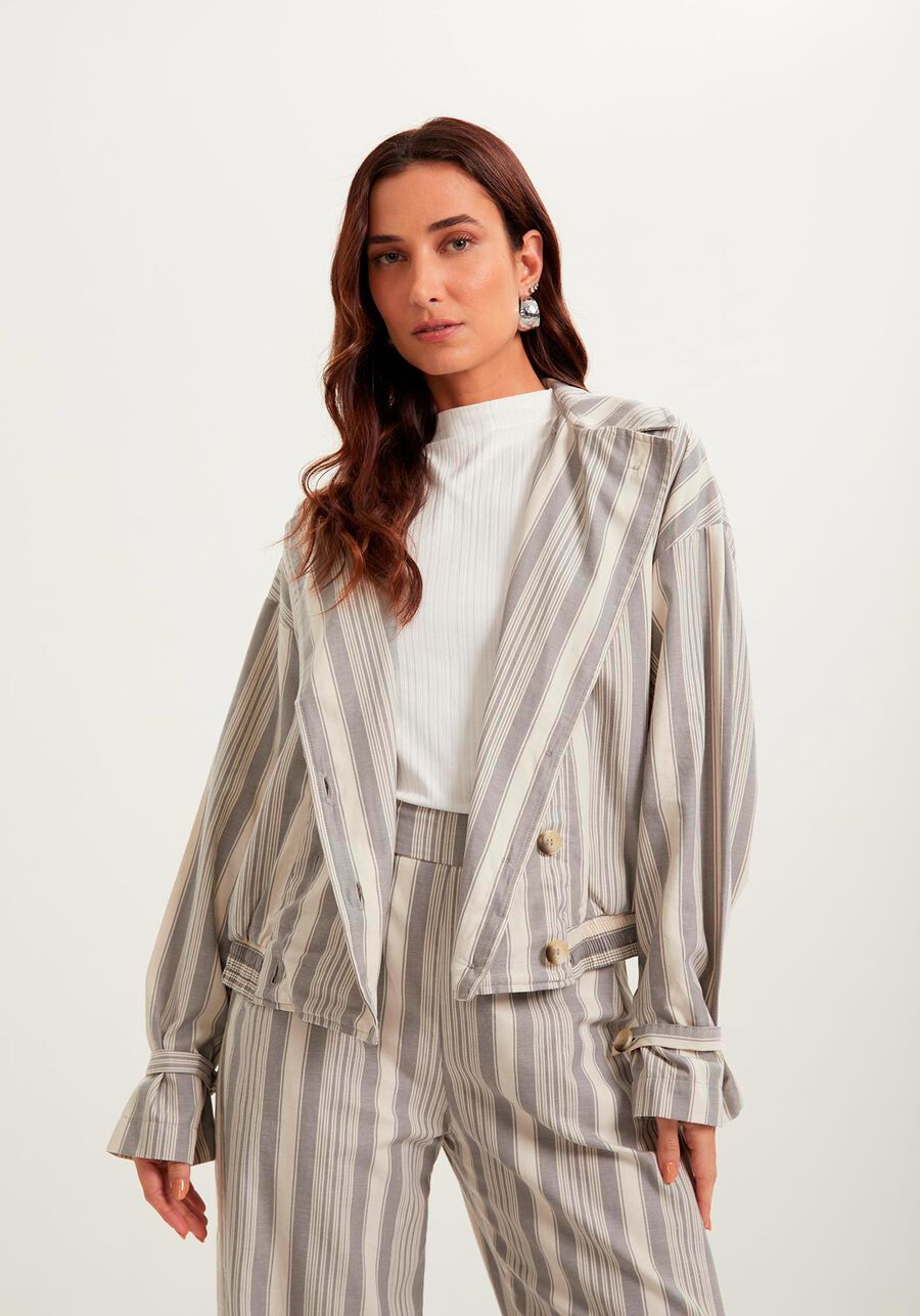 Jaqueta Listrada Em Algodão Com Lapelas E Abotoamento Duplo, . Jaqueta Listrada Em Algodão Com Lapelas E Abotoamento Duplo, , large.
