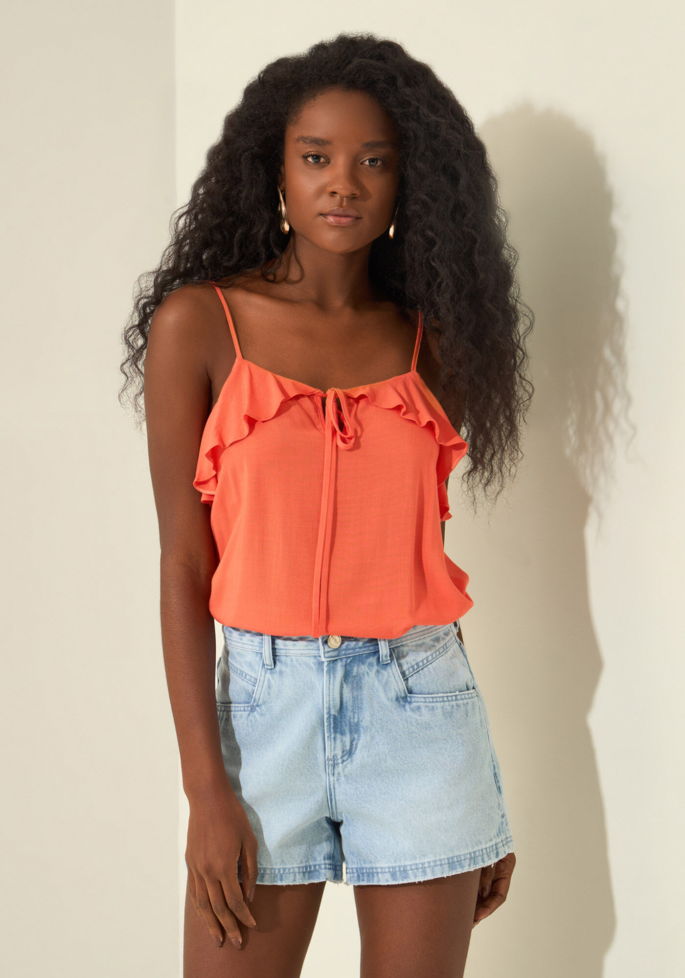 Blusa De Al&ccedil;as Com Babados E Amarra&ccedil;&atilde;o, SALMAO VERANO, large.