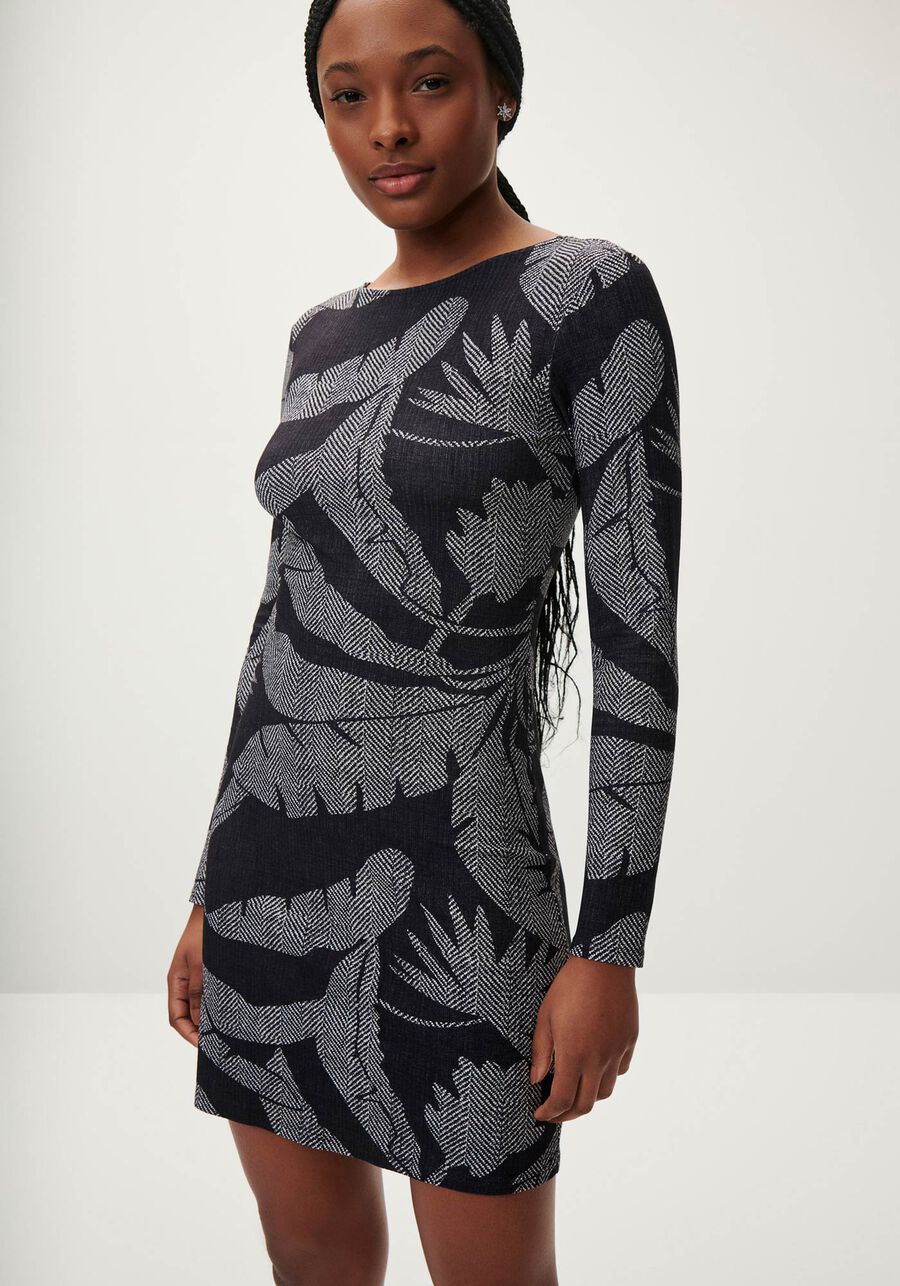 Vestido Curto Manga Longa Estampado com V Costas, . Vestido Curto Manga Longa Estampado com V Costas, , large.