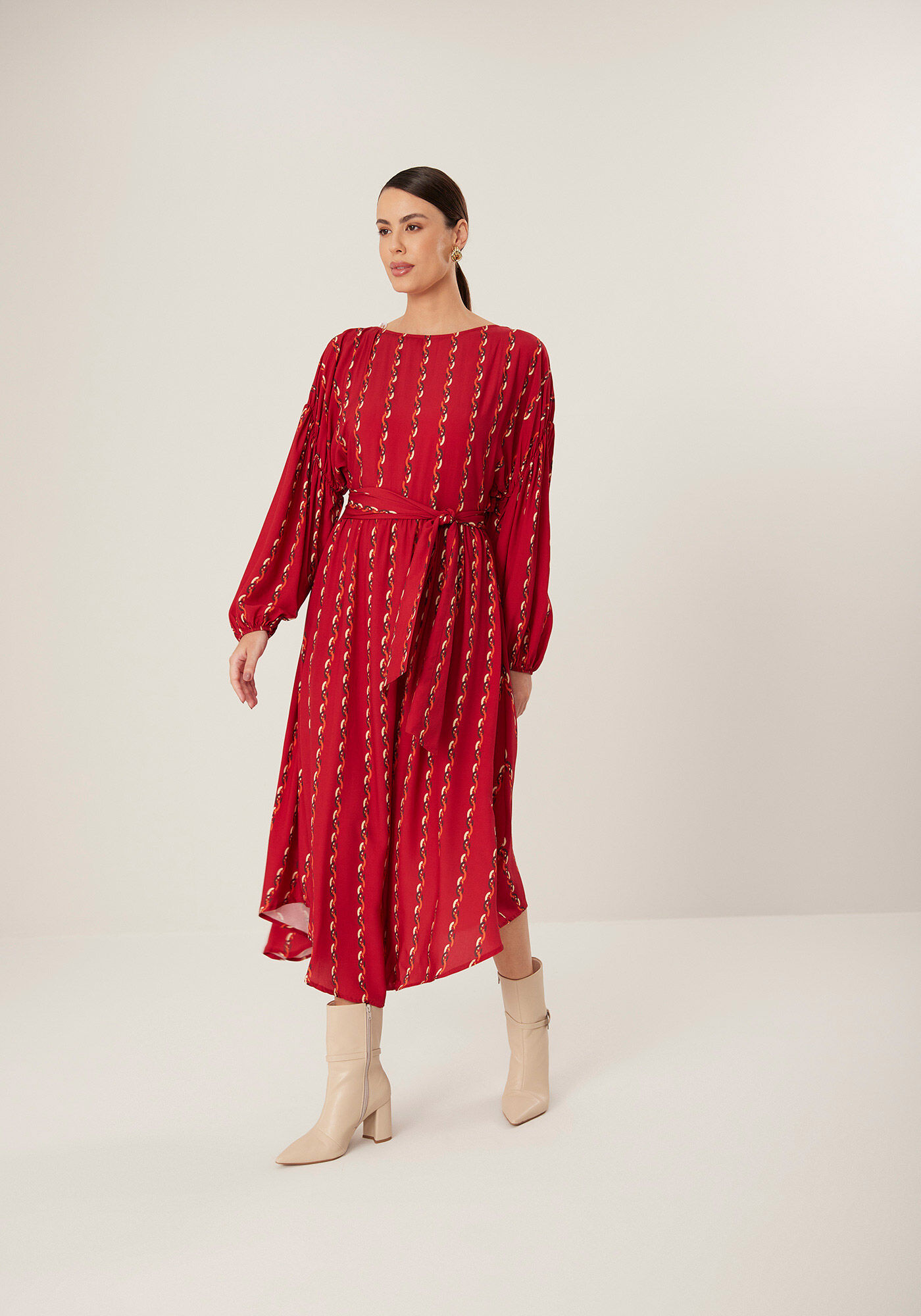 Vestido Midi Ch&aacute; Estampado De Mangas Amplas Com Faixa, , large.