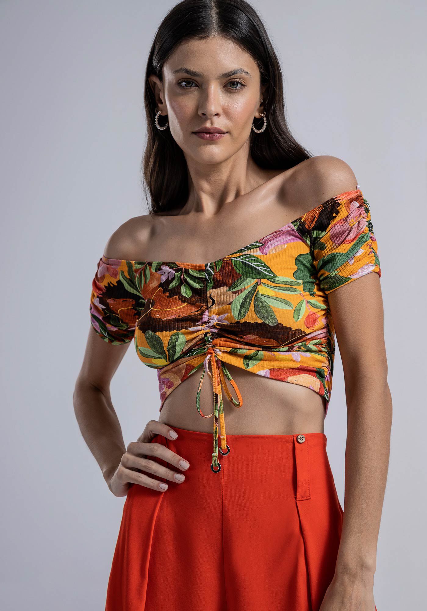 Blusa Ombro a Ombro Canelada com Amarra&ccedil;&atilde;o, , large.