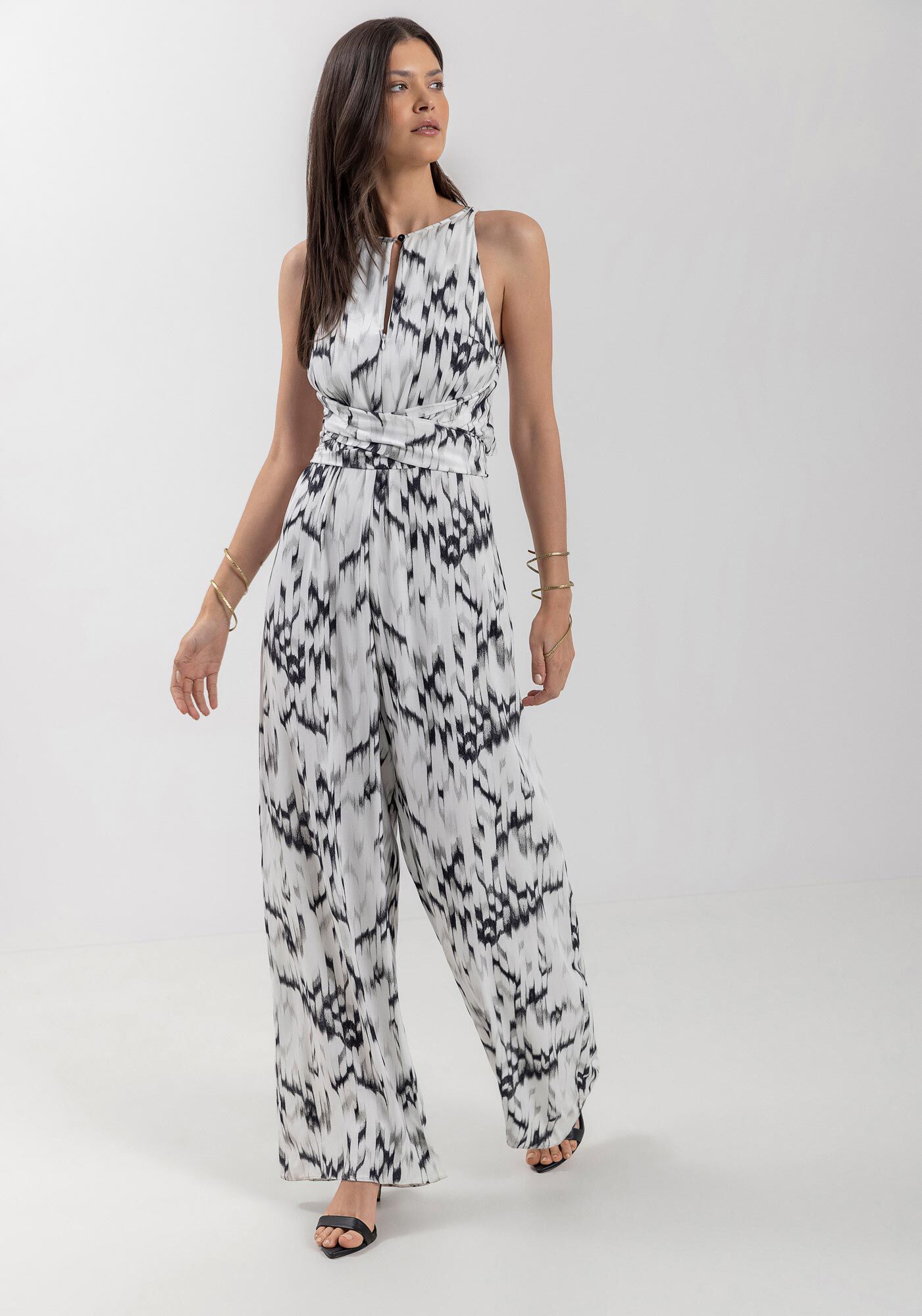 Macac&atilde;o Longo Estampado Em Viscose Com Z&iacute;per E Amarra&ccedil;&atilde;o, GRAPHITE CINZA, large.