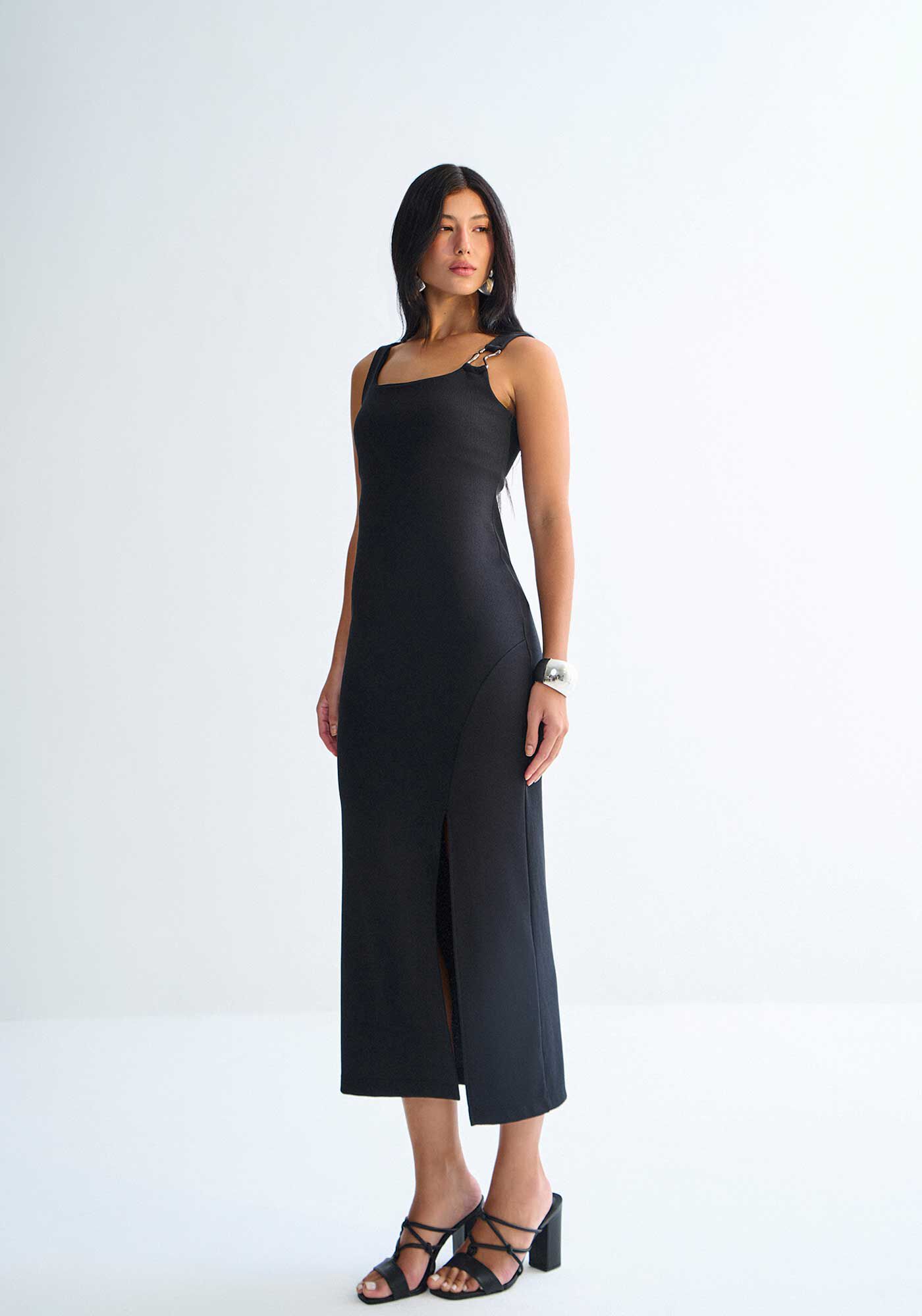 Vestido Midi em Malha com Detalhe Metal Al&ccedil;as, PRETO REATIVO, large.