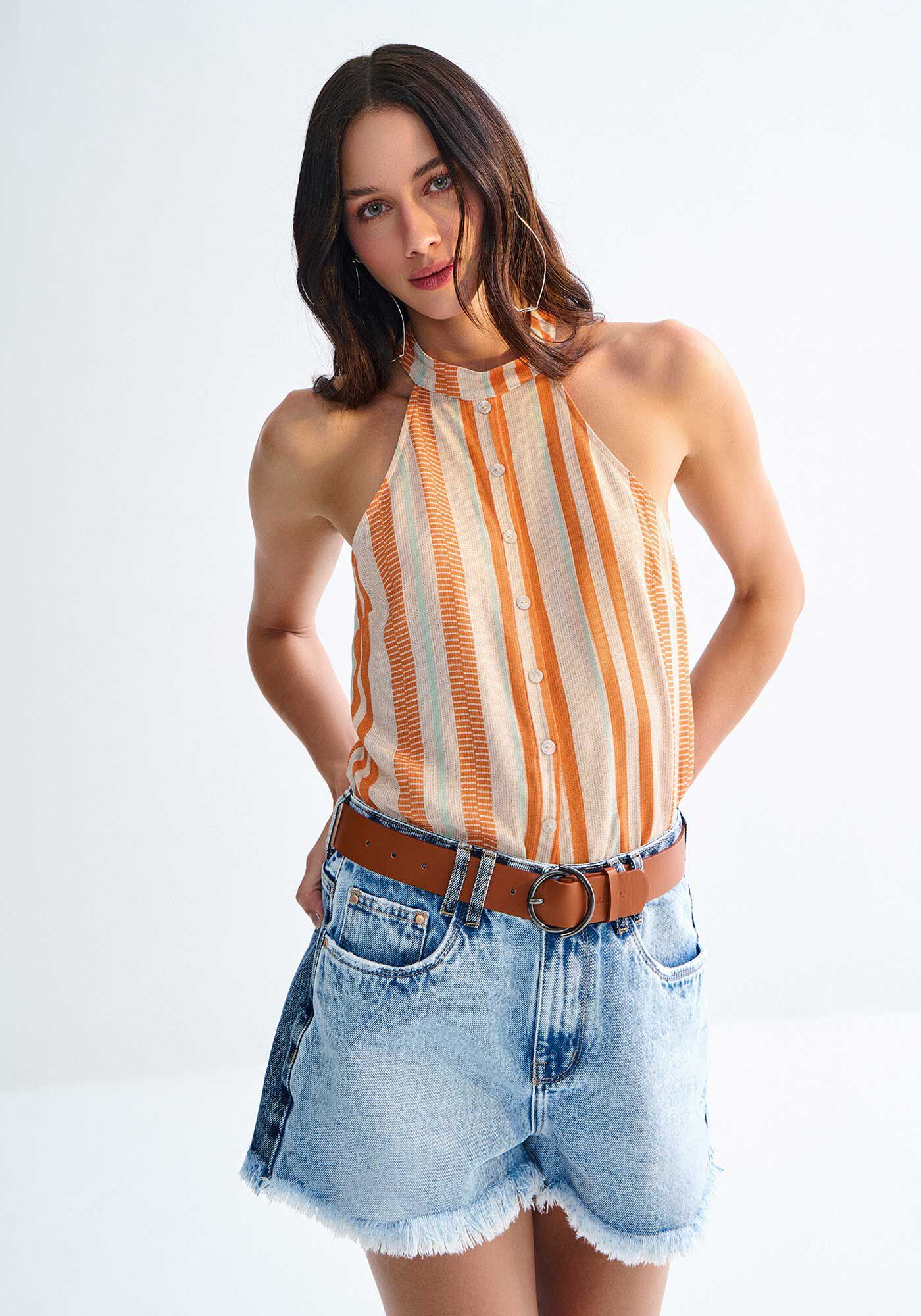 Shorts Jeans Linha A Cintura Alta Duo Denim, JEANS, large.