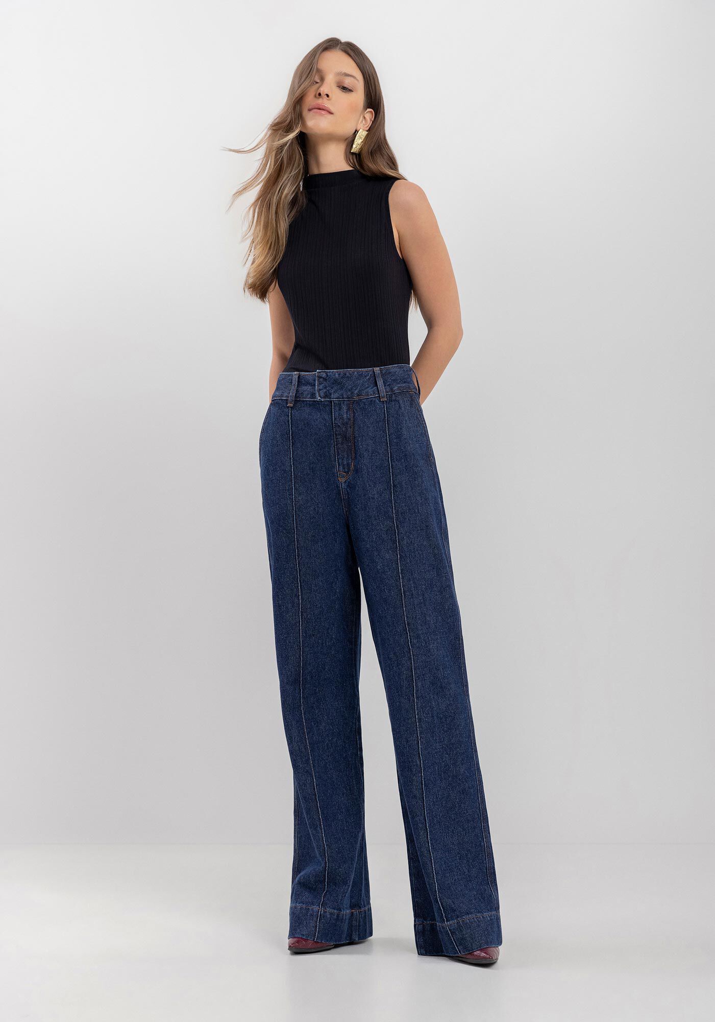 Cal&ccedil;a Jeans Wide Leg Com Cintura Alta E Nervura, , large.