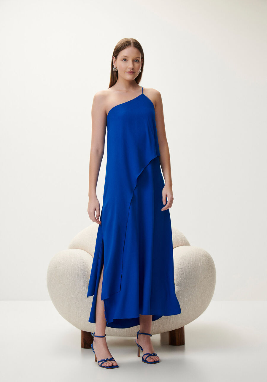 Vestido Midi Ombro Só em Crepe com Babado, AZUL BLUE BELL. Vestido Midi Ombro Só em Crepe com Babado, AZUL BLUE BELL, large.