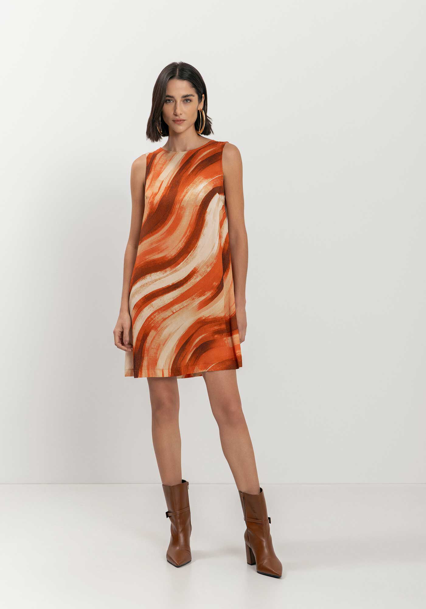 Vestido Curto Estampado Sem Mangas Em Viscose, , large.