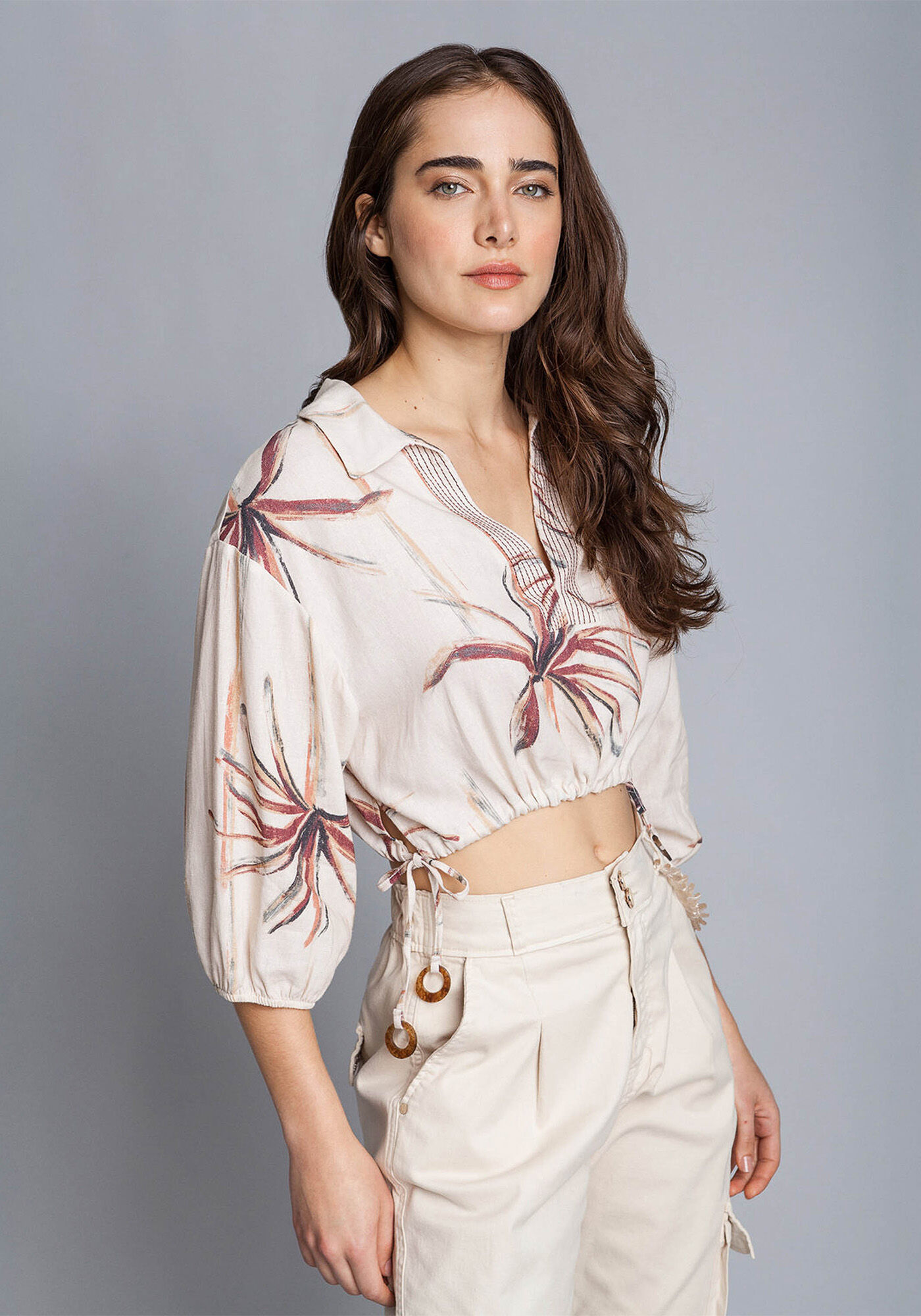 Blusa Cropped Linho Estampa, , large.