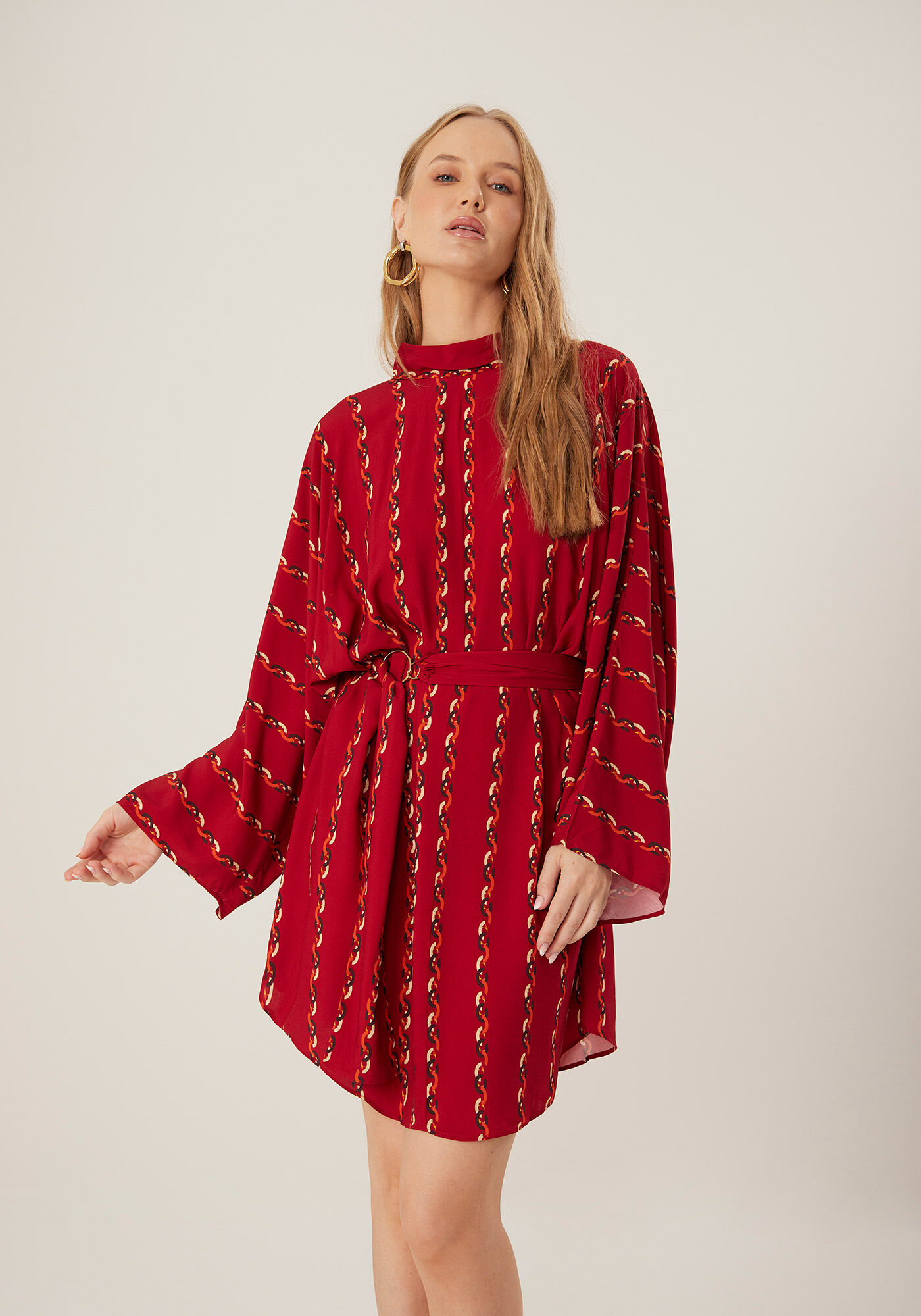 Vestido Curto Estampado Com Gola Alta E Cinto De Argola, , large.