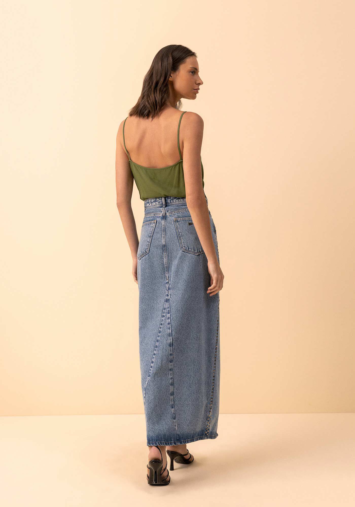 Saia Jeans Longa De Cintura Alta Com Fenda E Aplica&ccedil;&otilde;es, JEANS, large.