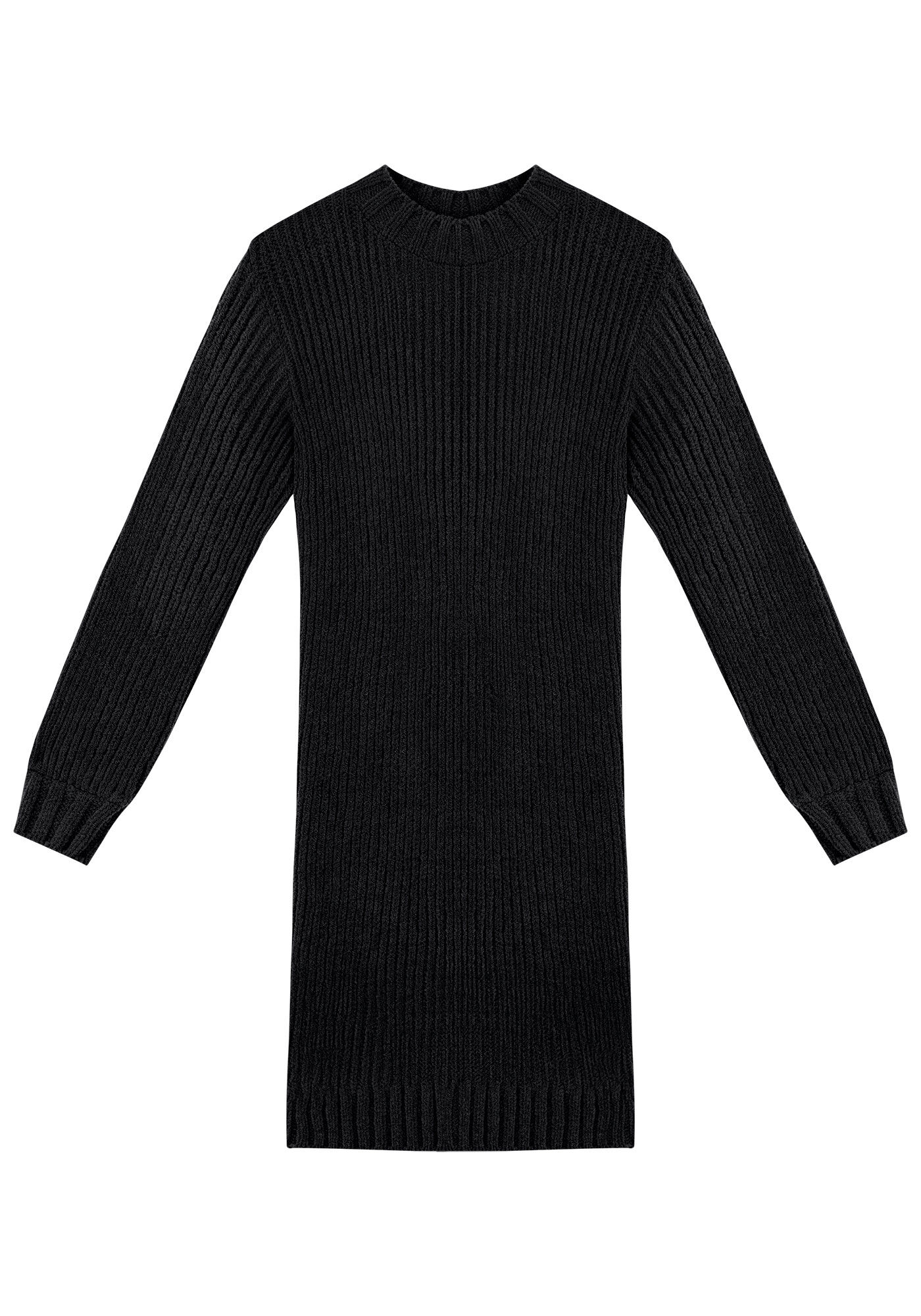 Vestido Curto Manga Longa em Tric&ocirc; Canelado, , large.