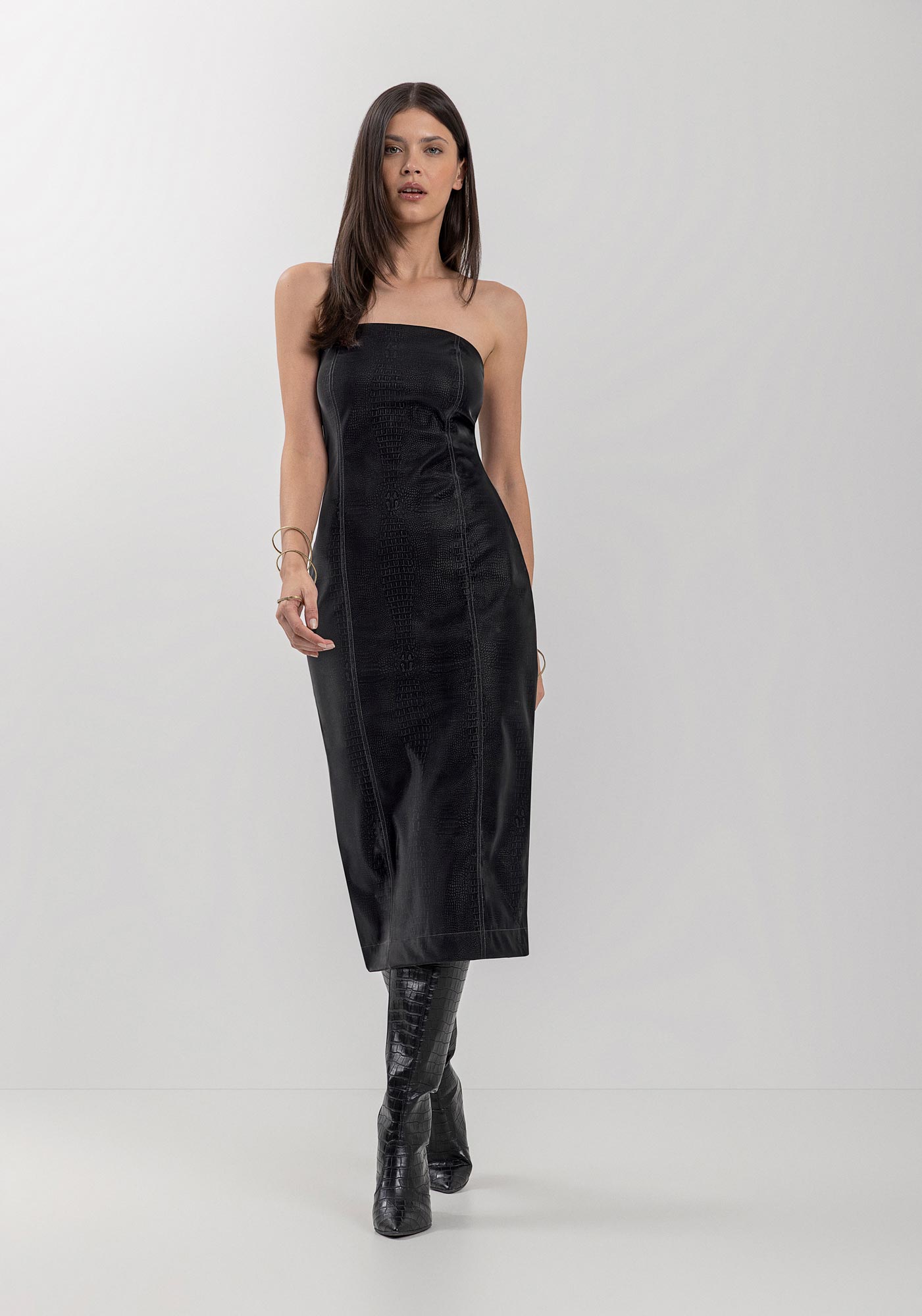 Vestido Midi Sem Alças Em Malha Leather Com Fenda Posterior